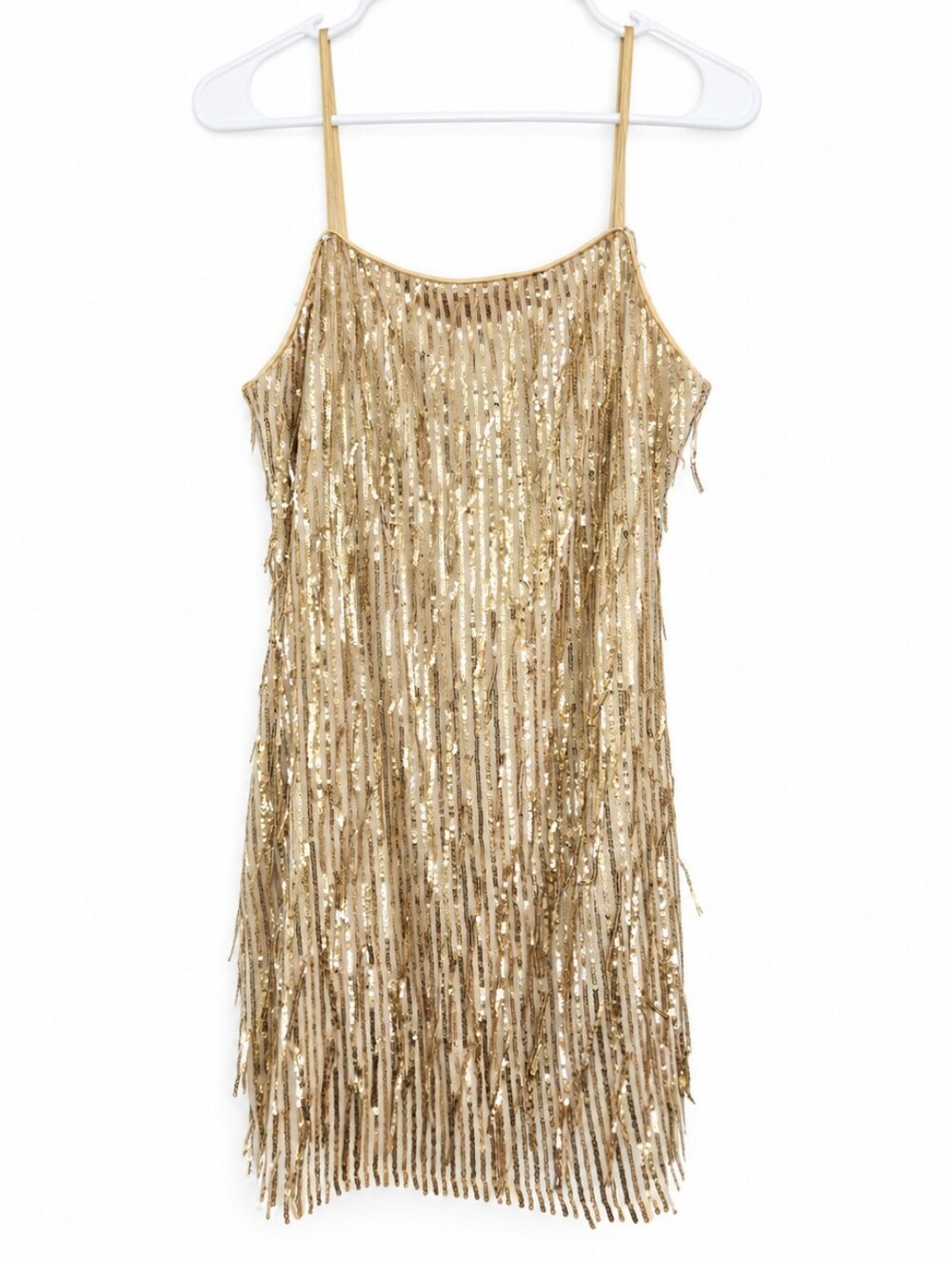 Trixxi gold sequin fringe mini dress in women’s size Small.